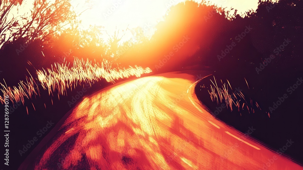 Poster road, creating a shimmering effect. design an illustration that shows how light bends as it moves th