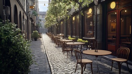 Obraz premium A Street with a Row of Outdoor Tables and Chairs