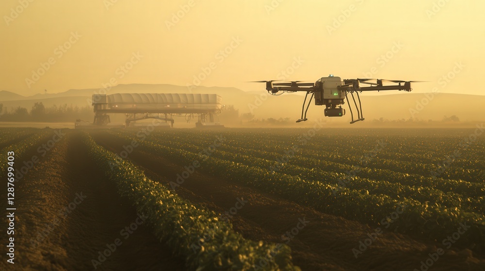 Aufkleber massive agricultural field where drones and robots work tirelessly to grow crops in a fully automate