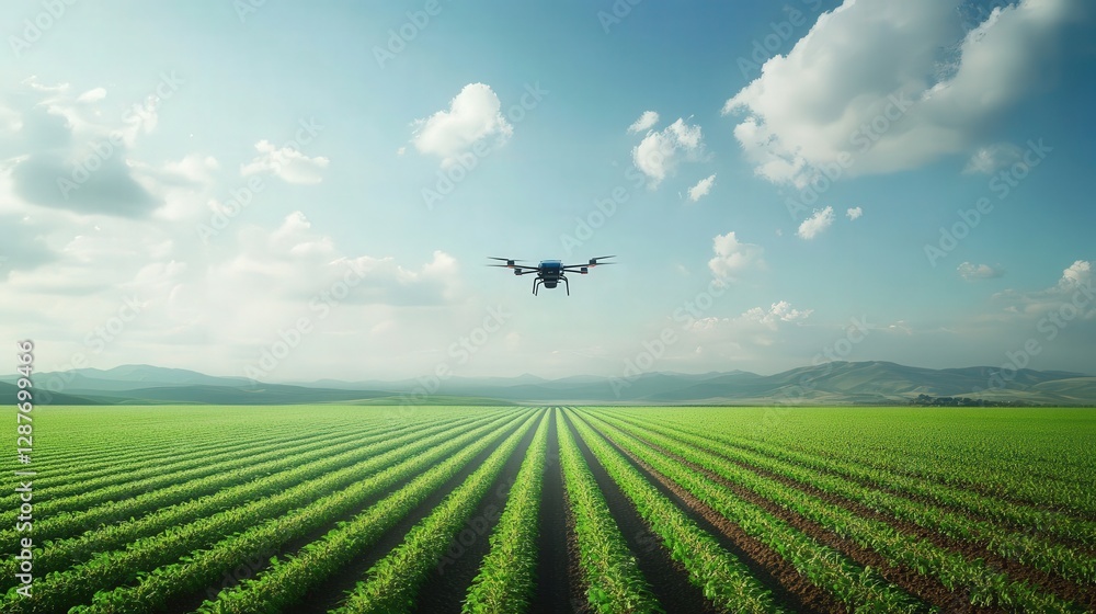 Poster massive agricultural field where drones and robots work tirelessly to grow crops in a fully automate