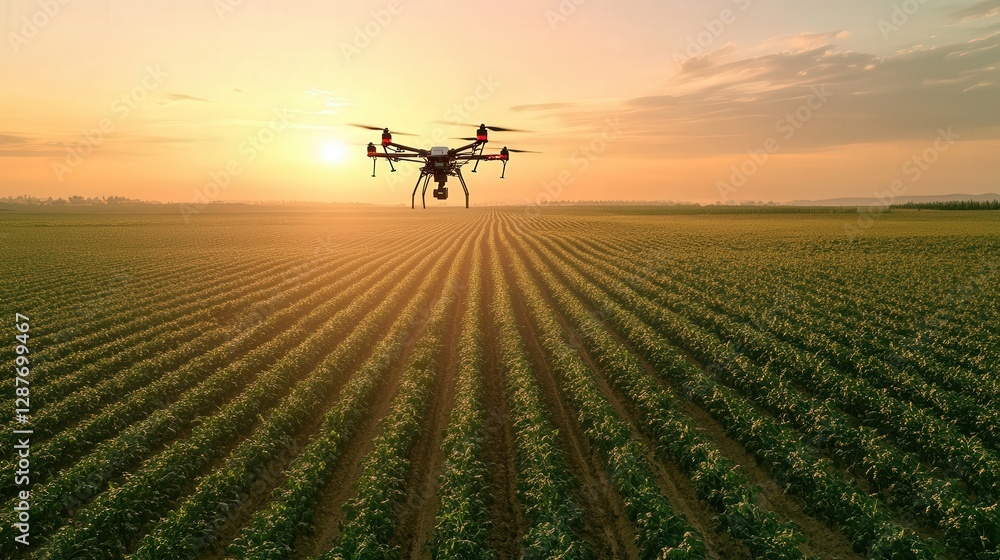 Poster massive agricultural field where drones and robots work tirelessly to grow crops in a fully automate