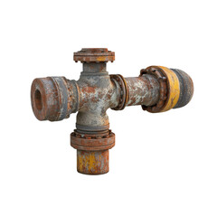 Old rusty rainwater pipes leading to collection barrel isolate on transparent background