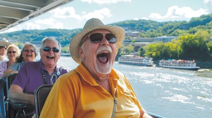 Joyful River Cruise Adventure Experience the Thrill of Sightseeing on a Scenic Waterway with Laughing Friends, Capturing the Essence of Travel and Happiness, Featuring Stunning Views of Rolling