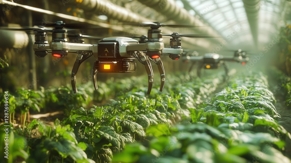 Poster robots and drones that work together seamlessly to cultivate crops in a fully automated environment.