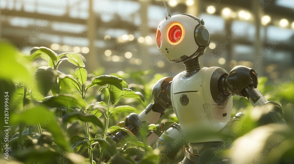 Poster robots and drones that work together seamlessly to cultivate crops in a fully automated environment.