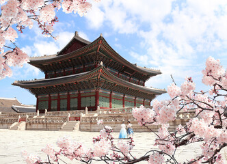 Sakura blossoming season. Branch of blooming sakura and Geunjeongjeon Hall, Seoul, South Korea. Two...