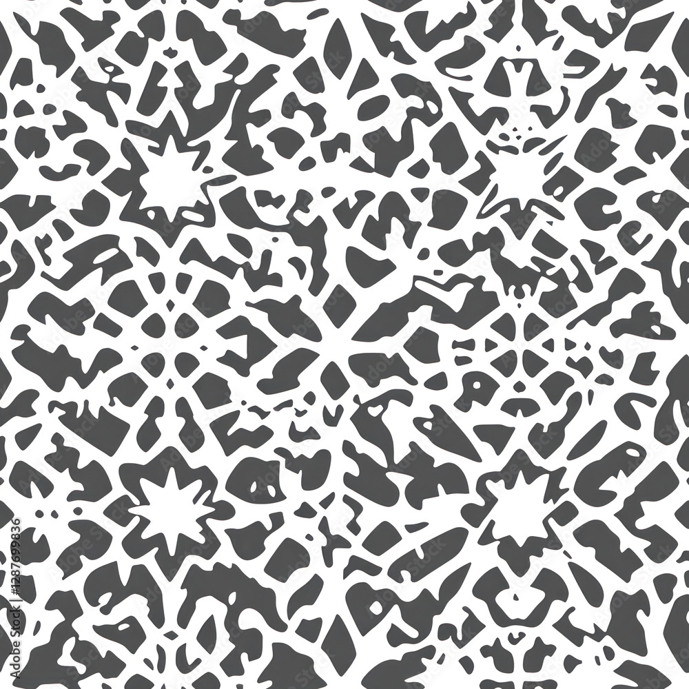 Poster abstract geometric snowflakes form a seamless repeating pattern on a white background