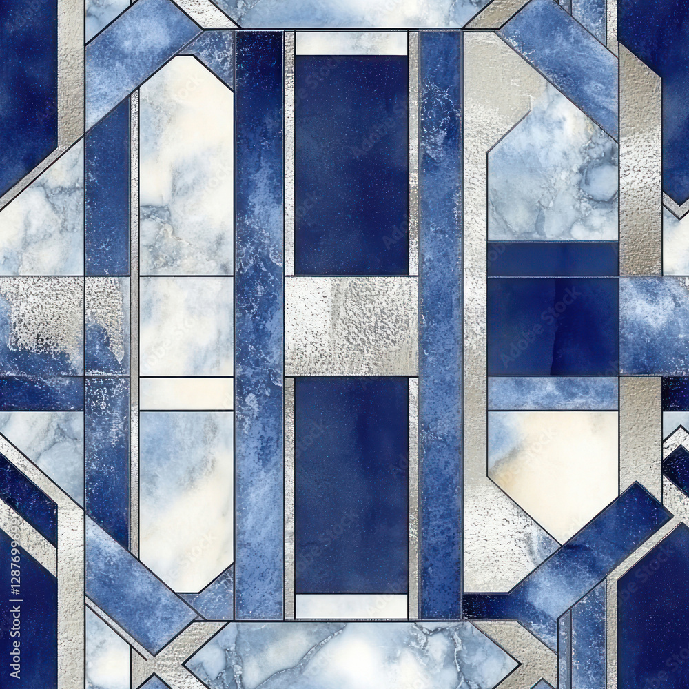 Poster abstract geometric tile blue, white shapes with silver trim create an elegant patterned backdrop