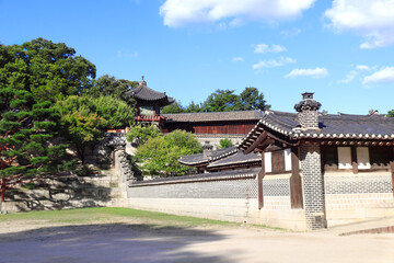 Courtyard and ancient pavilions in Changdeokgung Palace complex, Seoul, South Korea. Beautiful landscape with old houses in Changdeokgung Palace, Seoul, Republic of Korea