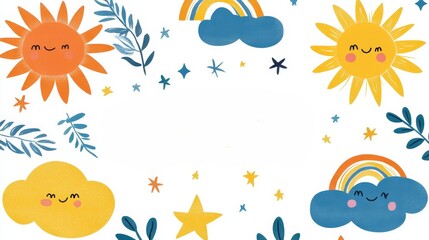 Cheerful illustration of sun, clouds, and rainbows surrounded by leaves and stars, perfect for children's decor