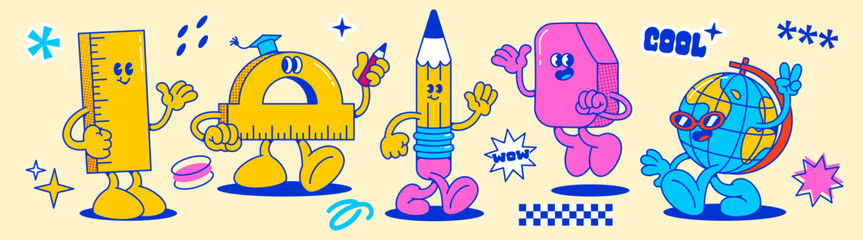 Groovy school supplies cartoon characters. Cheerful retro anthropomorphic stationery items with expressive faces and gestures walking and standing. Vibrant vintage funny mascot for educational design. © klyaksun