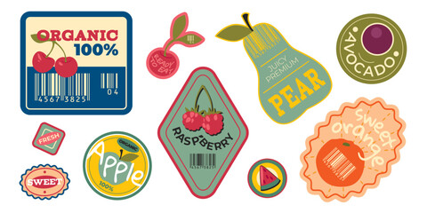 Retro fruit sticker collection - vintage tags in form of cherry and apple, pear and raspberry, watermelon, orange and avocado designs with barcodes and geometric shapes. Organic juicy produce labels
