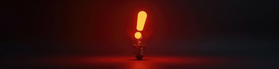 Bright yellow exclamation mark hovering above a small red light bulb shape casting a warm and cozy glow, intimate atmosphere, warm glow, luminous