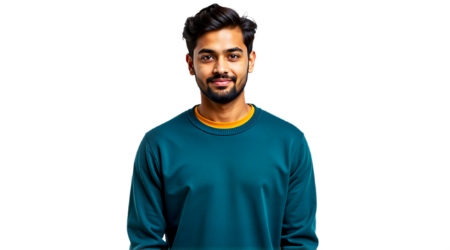 Young Indian man portrait with soft smile, isolated on transparent background. Professional headshot for business, social media, profile picture, website, marketing, or corporate use.