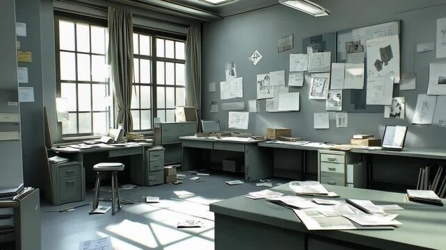 Disorganized office space with scattered papers and bulletin board in natural light during the day