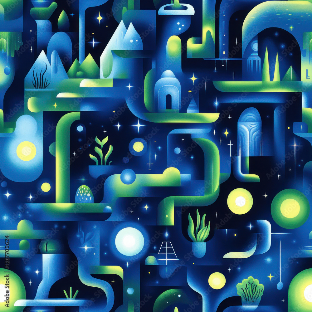 Poster abstract glowing structure illustration with plant life in a whimsical, illuminated landscape settin