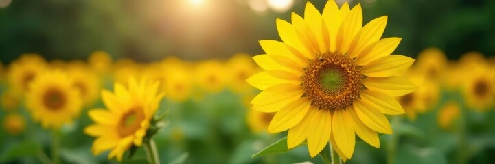 Fototapeta premium Bright yellow sunflower petals unfolding in the garden, nature, sunflowers