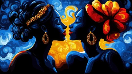 A highly stylized group portrait in a polygonal art style, featuring elegant vintage fashion with sharp contrasts of black, white, and red.