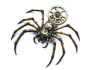Mechanical Spider Illustration In Woodcut Style With Detailed Gold And Black Color Gear Body And Eight Legs Isolated On White Background