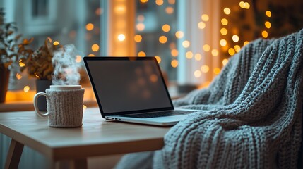 A minimalist home workspace, MacBook open on a clean wooden desk, a warm knitted blanket draped over a modern chair, soft ambient lighting from fairy lights, coffee cup steaming gently,