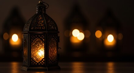 Elegant lantern casting warm light in a dimly lit room with blurred backgrounds