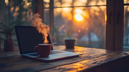 A minimalist productivity setup, MacBook on a rustic wooden desk, coffee cup releasing steam, soft morning glow illuminating the workspace, blurred greenery visible outside the window,