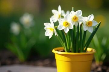 delicate white petals unfolding in yellow plastic pot, flowers, narcissus, garden