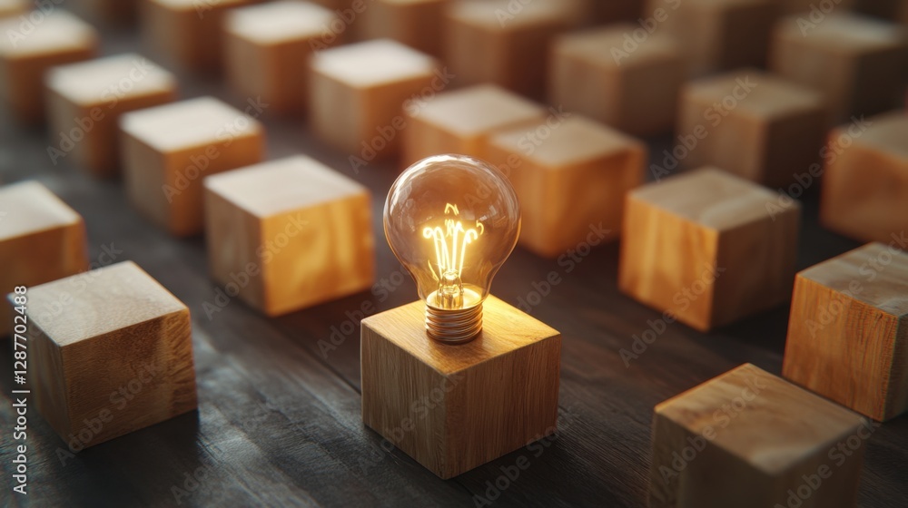 Poster clean and modern representation of business creativity using wooden cube blocks with a light bulb ic
