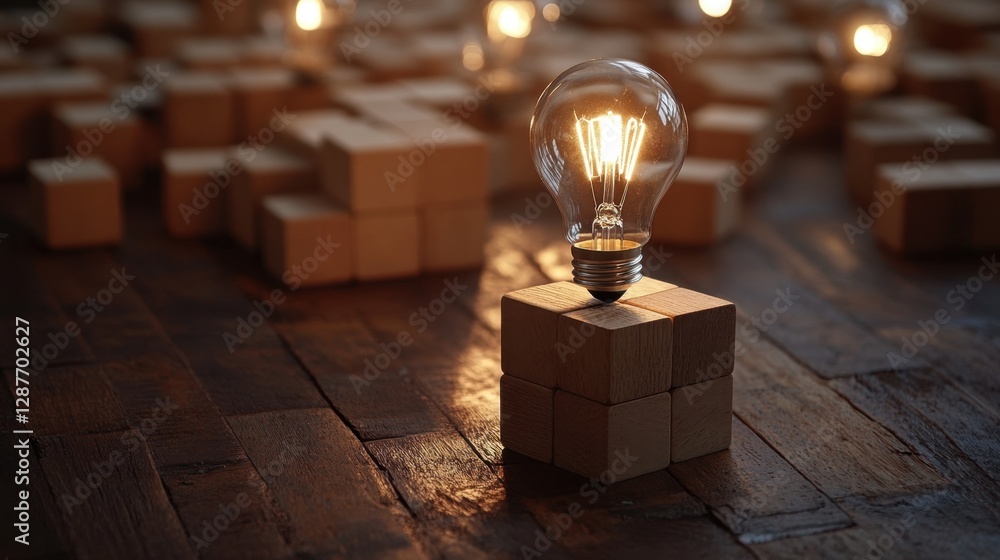 Poster clean and modern representation of business creativity using wooden cube blocks with a light bulb ic