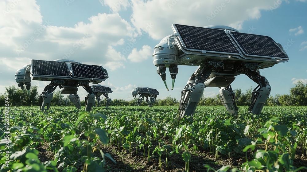 Aufkleber vast field covered in advanced, solar-powered robots working together to optimize crop growth in a h