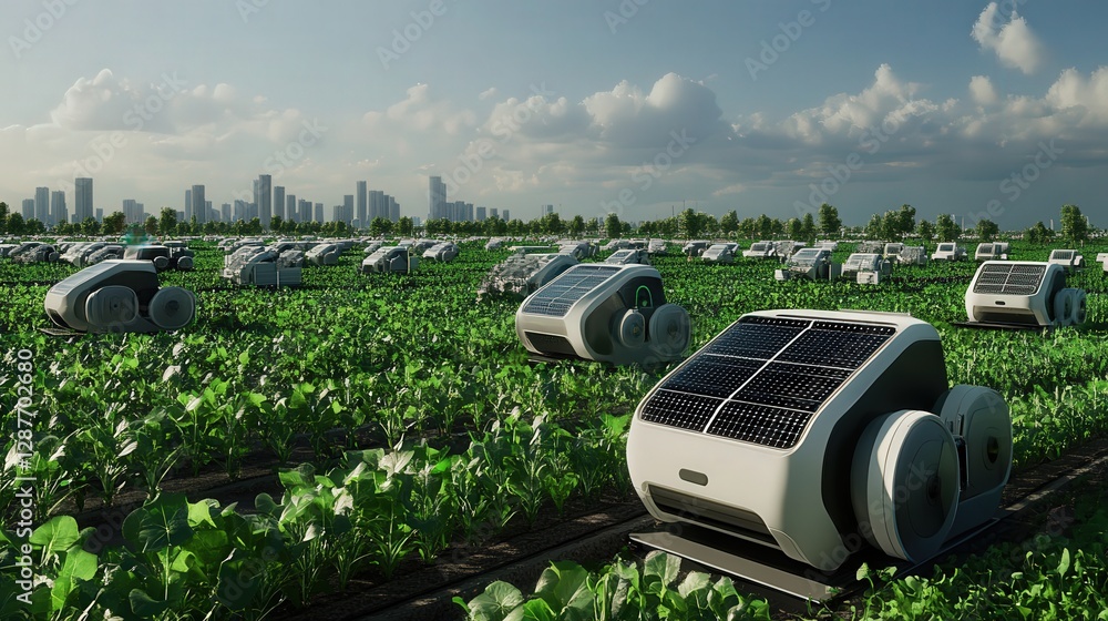 Poster vast field covered in advanced, solar-powered robots working together to optimize crop growth in a h