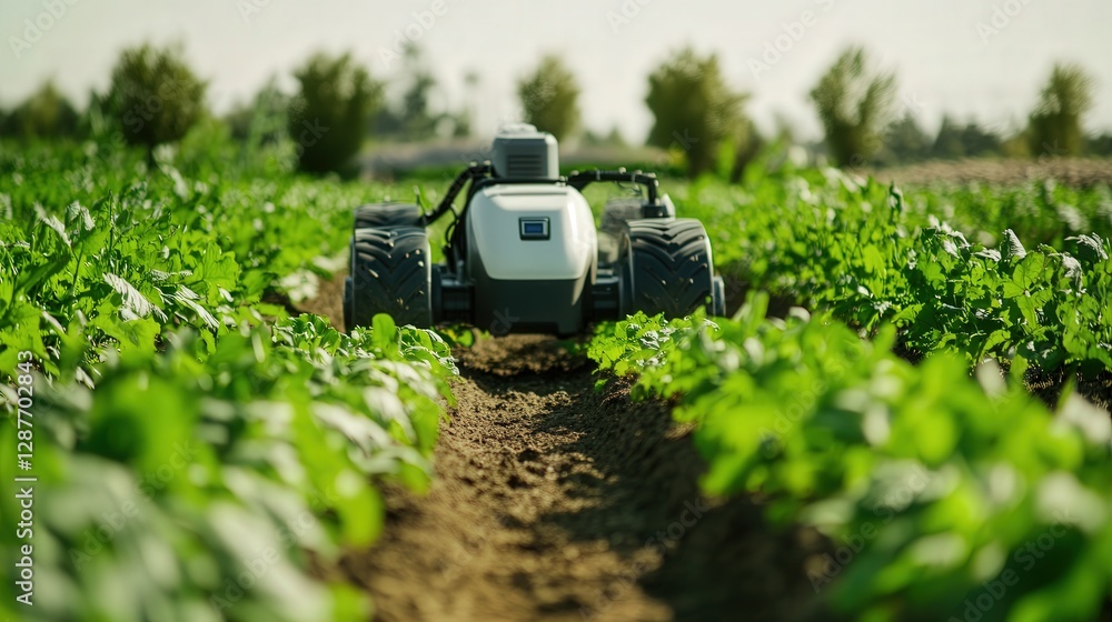 Poster advanced farm with autonomous robots applying fertilizer and pesticides only when needed, optimizing