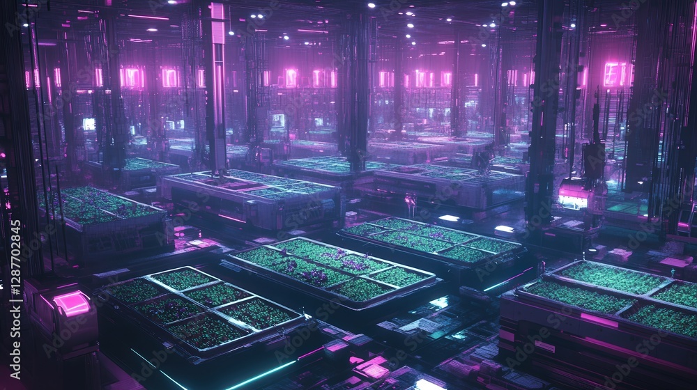 Poster vast indoor farm powered entirely by ai, where robots handle every task from planting to harvesting 