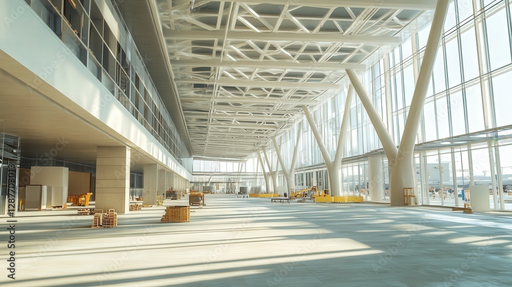 Poster modern airport terminal in the midst of construction. focus on the layout of the terminal with overh