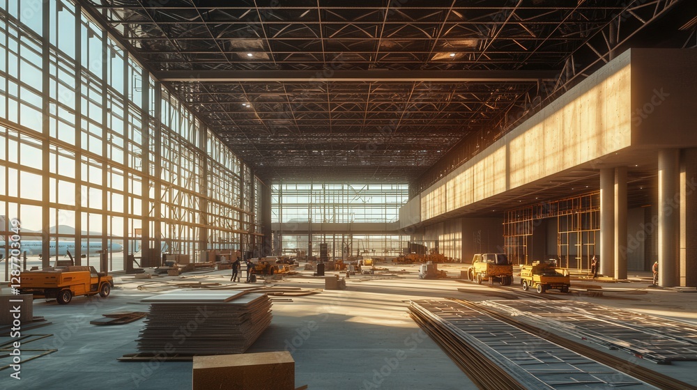 Poster modern airport terminal in the midst of construction. focus on the layout of the terminal with overh