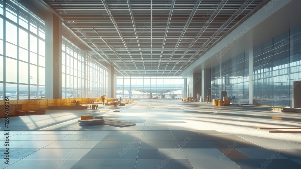 Poster modern airport terminal in the midst of construction. focus on the layout of the terminal with overh