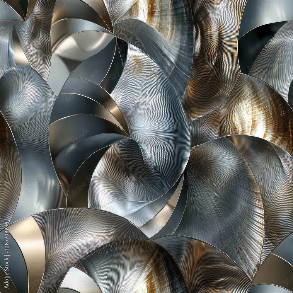 Poster abstract metal swirls reflecting light. shiny, polished objects layered in an elegant, chaotic patte