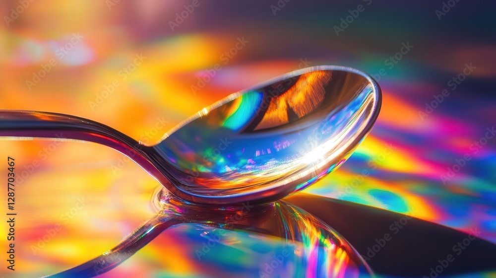 Poster bending of light around the edges of a spoon. design an image that shows how light waves change dire