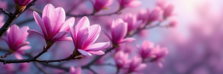 Obraz premium Full-length shot of bright purple magnolia tree branches with buds, blossoms, foliage, violet flowers