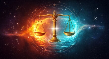 Golden libra scale set against a cosmic background appears balanced