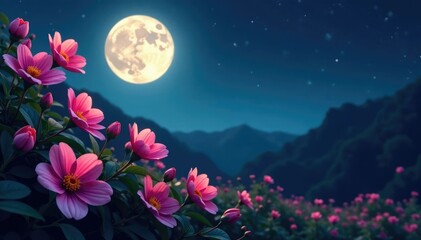 Naklejka premium Full moon illuminated by night blooming flowers, nature, blooms