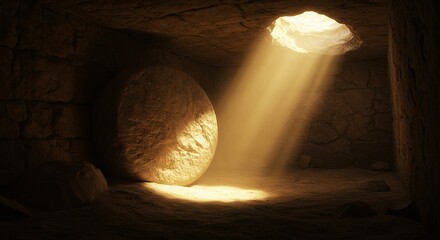 Empty tomb with rolling stone and light streaming in