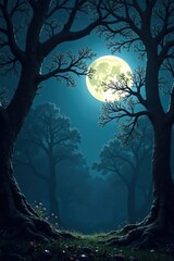 Fototapeta premium Full moon shining through the dense foliage of a forest with gnarling tree branches, lunar,, fur