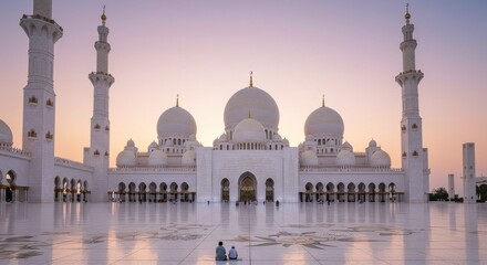 Obraz premium Serene Evening at Grand Mosque with Visitors Admiring Architectural Beauty