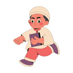 Cute muslim boy walk and holding quran cartoon illustration