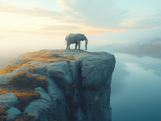 Elephant standing on a cliff overlooking a serene body of water during sunrise in a misty landscape