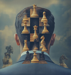 Mind of a strategist revealing chess pieces in a surreal landscape during twilight