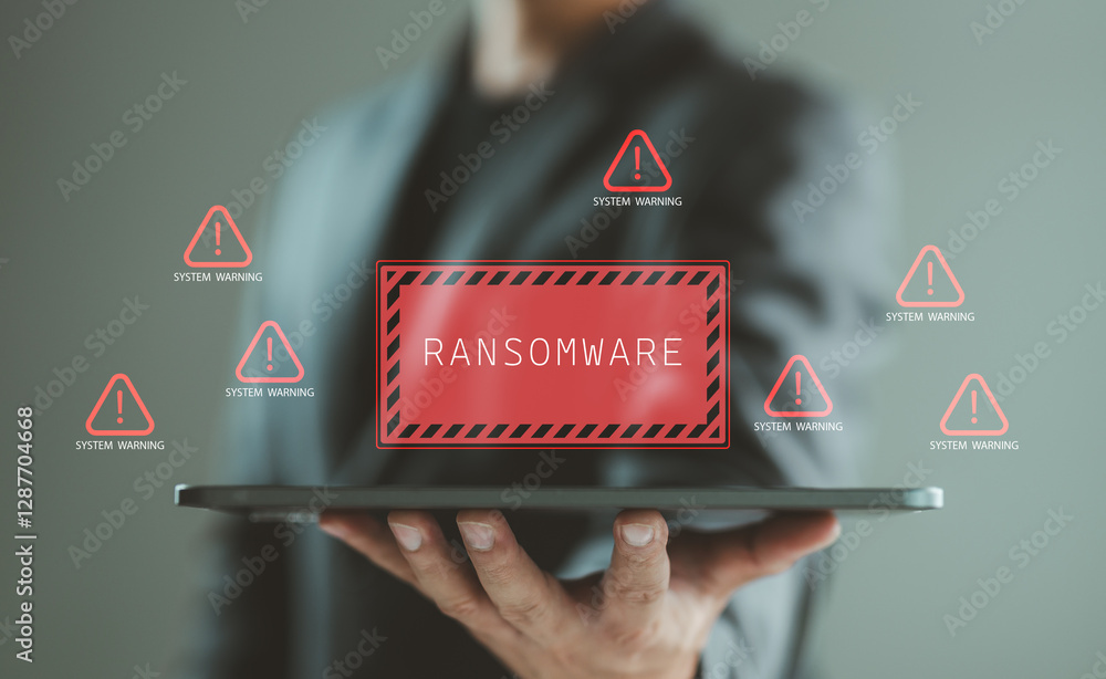 Fototapete Malware attack virus alert. Person use tablet with virtual warning sign with ransomware word. Warning notification, Cyber threats, cybersecurity, technology online and internet network concept.