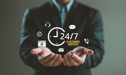 Call center support holding phone with 24-7 icon for worldwide nonstop and full-time available contact of service concept. Assistance customer services, delivery. Technician ready for service 24 hours
