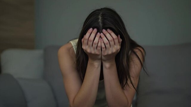 A woman hiding face. Violence against women concept. Depressed teenager sitting holding head in hands, stressed sad young woman having mental problems